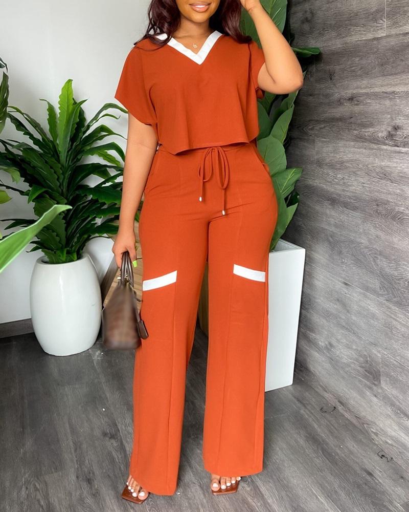 

Contrast Paneled Crop T-shirt & High Waist Pants Set, Orange