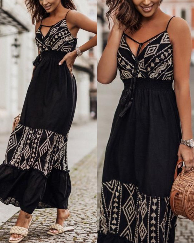 

Tribal Print Spaghetti Strap Maxi Dress, Black