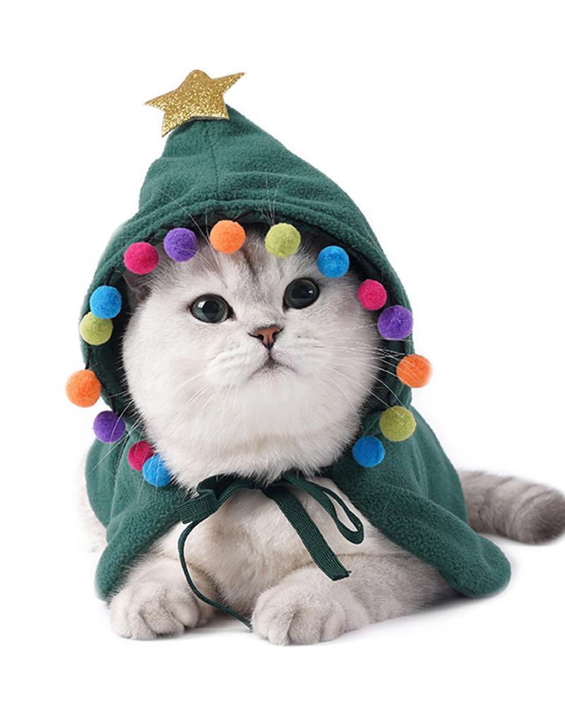

Christmas Pet Cape Christmas Tree Pom Pom Trim Christmas Costume, Green