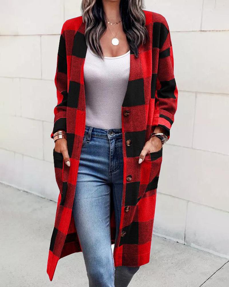 

Plaid Print Pocket Design Cardigan, Red