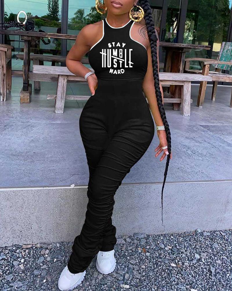 

Sleeveless Letter Print Ruched O-Neck Skinny Jumpsuit, Black