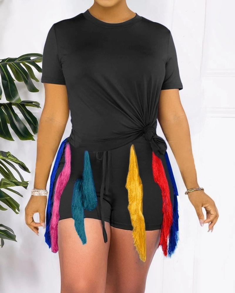 

Short Sleeve Top & Tassel Design Shorts Set, Black
