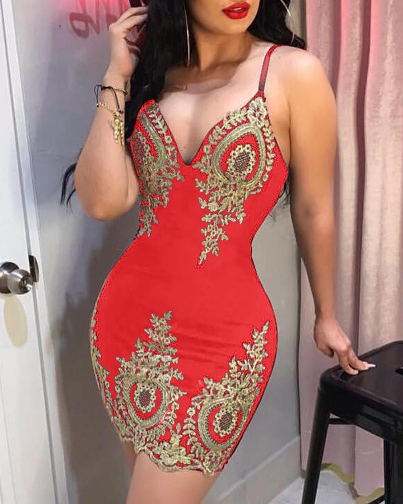 

Spaghetti Strap Lace Applique Bodycon Dress, Red