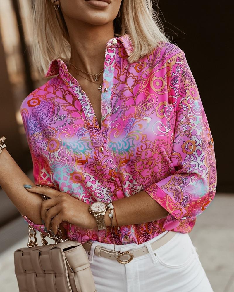 

Baroque Print Long Sleeve Shirt, Hot pink