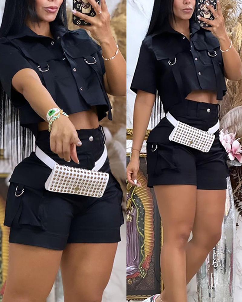 

Turn-down Collar Flap Detail Buttoned Crop Top & Pocket Design Shorts Set, Black