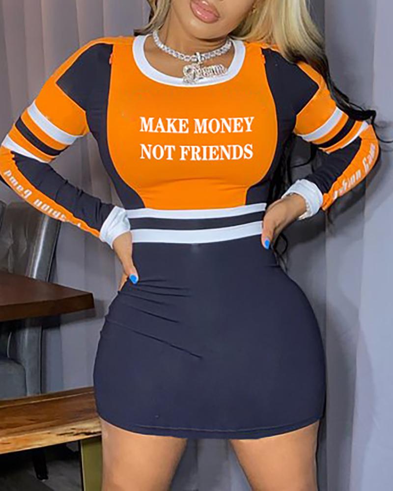 

Colorblock Letter Print Long Sleeve Bodycon Dress, Orange