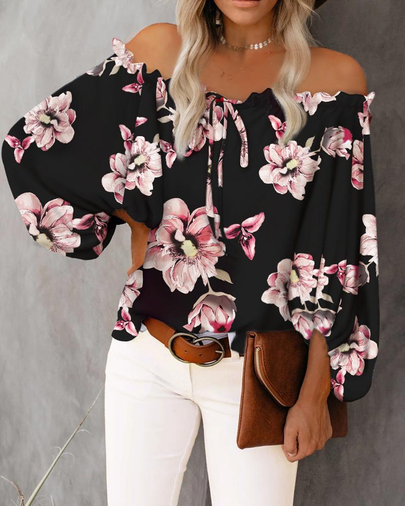 

Floral Print Off Shoulder Frill Hem Top, Black