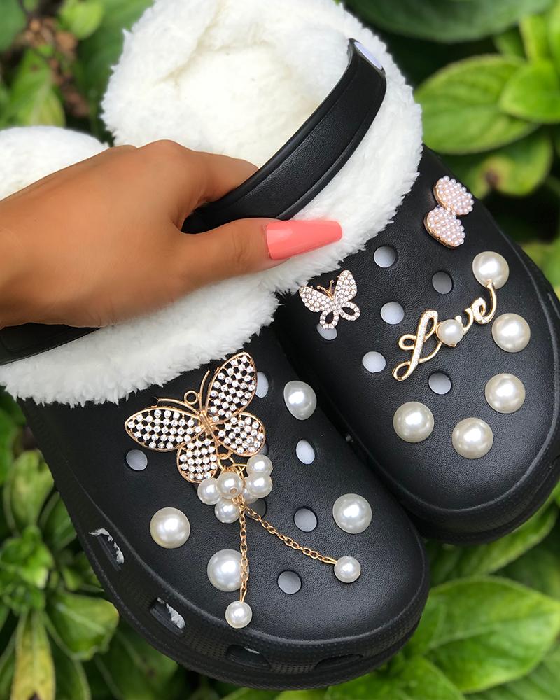 

Rhinestone Butterfly Pattern Beaded Lined Fluffy Clogs, Black