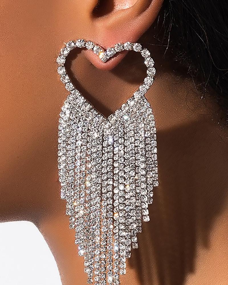 

1Pair Heart Shaped Tassel Design Rhinestone Earrings, Silver