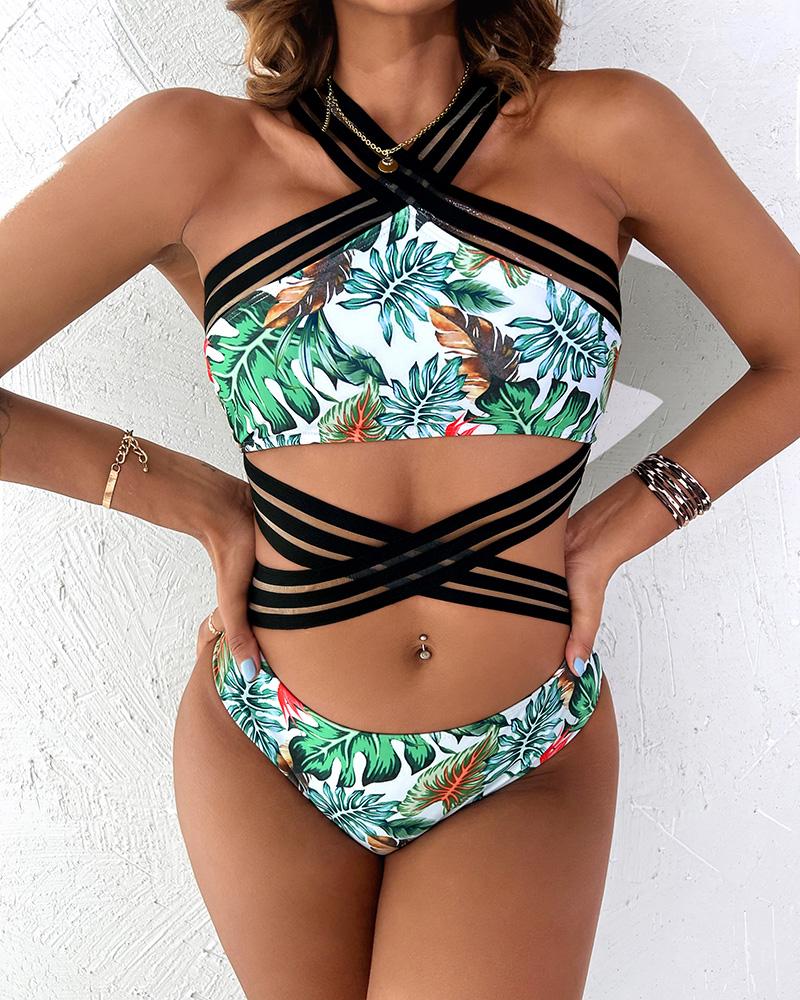 

Halter Multi Strap Tropical Print One Piece Swimsuit, Green
