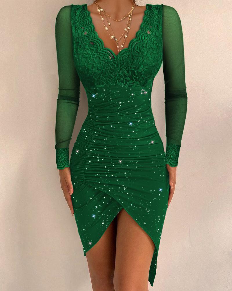 

Contrast Lace Long Sleeve Ruched Glitter Bodycon Dress, Green