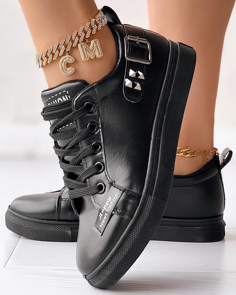 

Studded Lace-up Buckled Casual Sneakers, Black