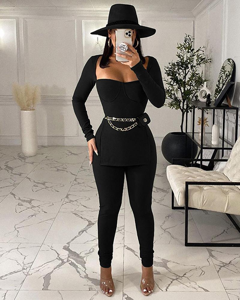 

Long Sleeve Slit Top & High Waist Pants Set, Black