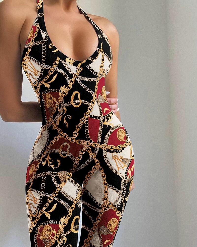 

Chain Scarf Print Sleeveless Unitard Jumpsuit, Black
