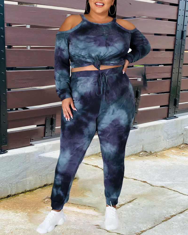 

Plus Size Tie Dye Print Cold Shoulder Top & Pants Set, Blue