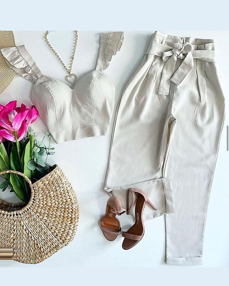 

Flutter Sleeve Crop Top & High Waist Pants Set, Khaki