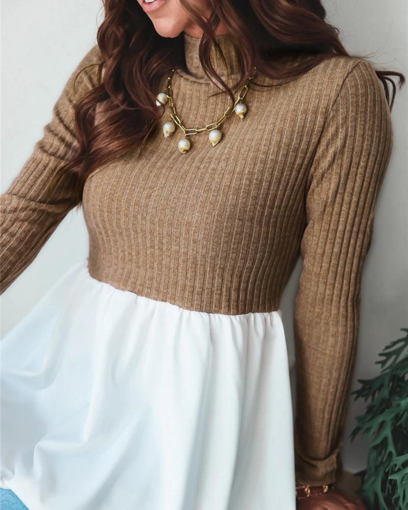 

High Neck Long Sleeve Casual Ribbed Top, Khaki