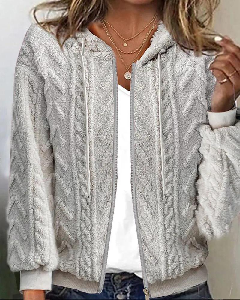 

Zipper Design Hooded Teddy Jacket, Gray