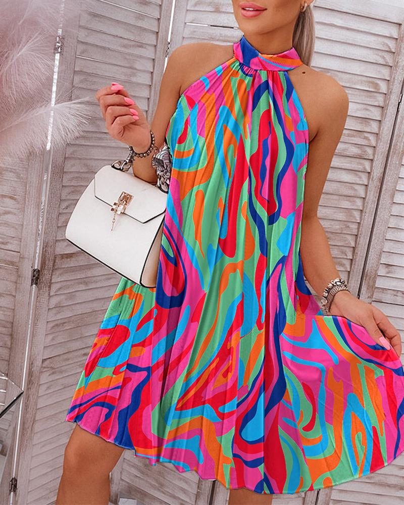 

Abstract Print Sleeveless Pleated Casual Dress, Multicolor