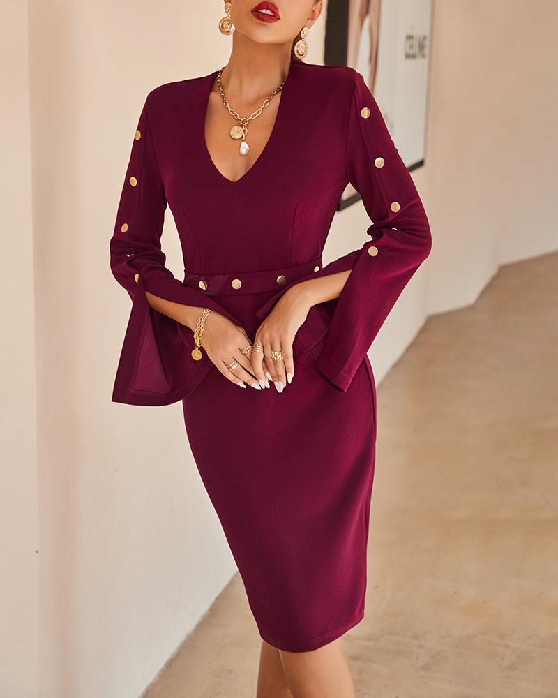 

Button Decor Long Sleeve Midi Dress, Wine red