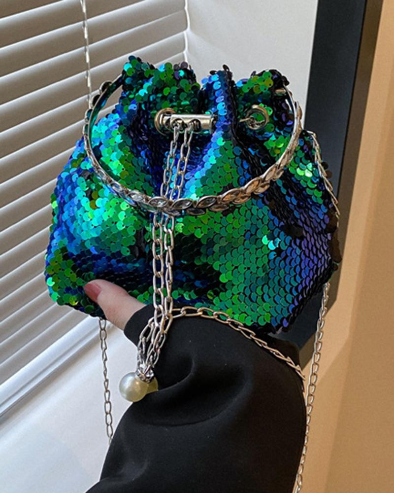 

Colorblock Sequin Drawstring Bucket Bag, Green