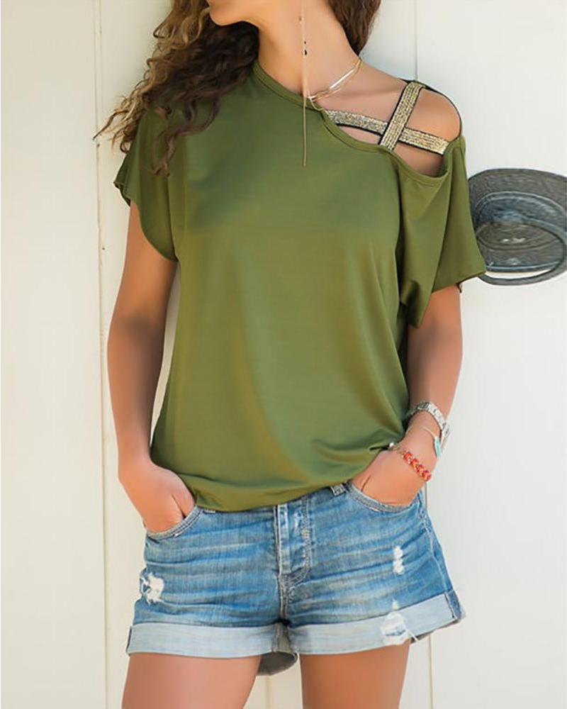 

Solid Crisscross One Shoulder T-Shirt, Army green