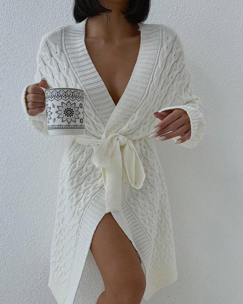 

Long Sleeve Open Front Cable Knit Cardigan, White