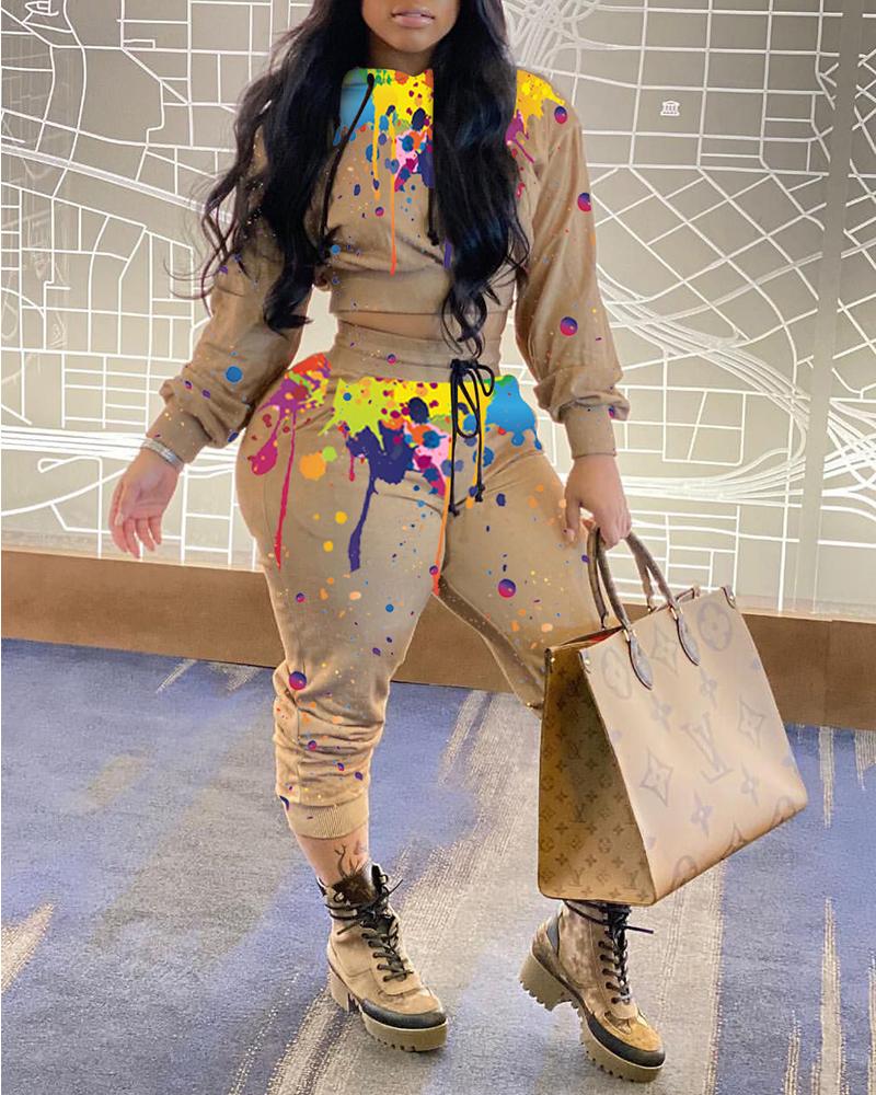 

Ink Splash Print Long Sleeve Hooded Sweatshirt & Pants Set, Khaki