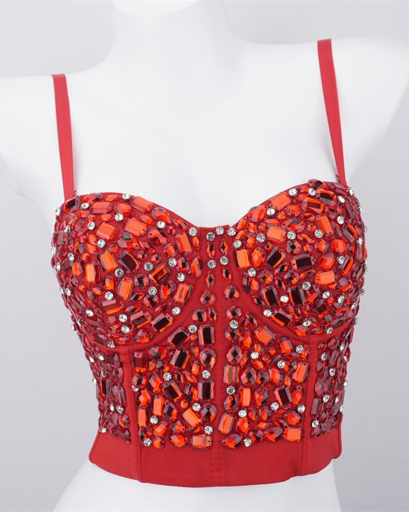 

Gem Stone Decor Buckle Back Crop Corset Top, Red