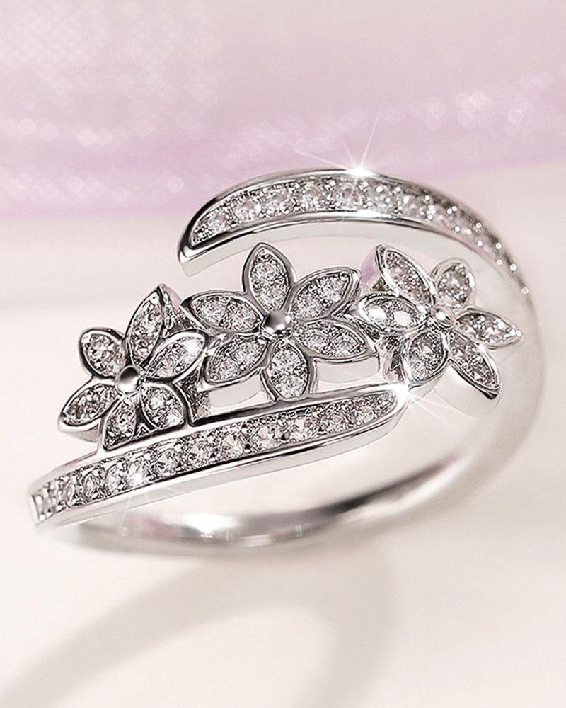

1pc Floral Shaped Rhinestone Open Ring, Silver