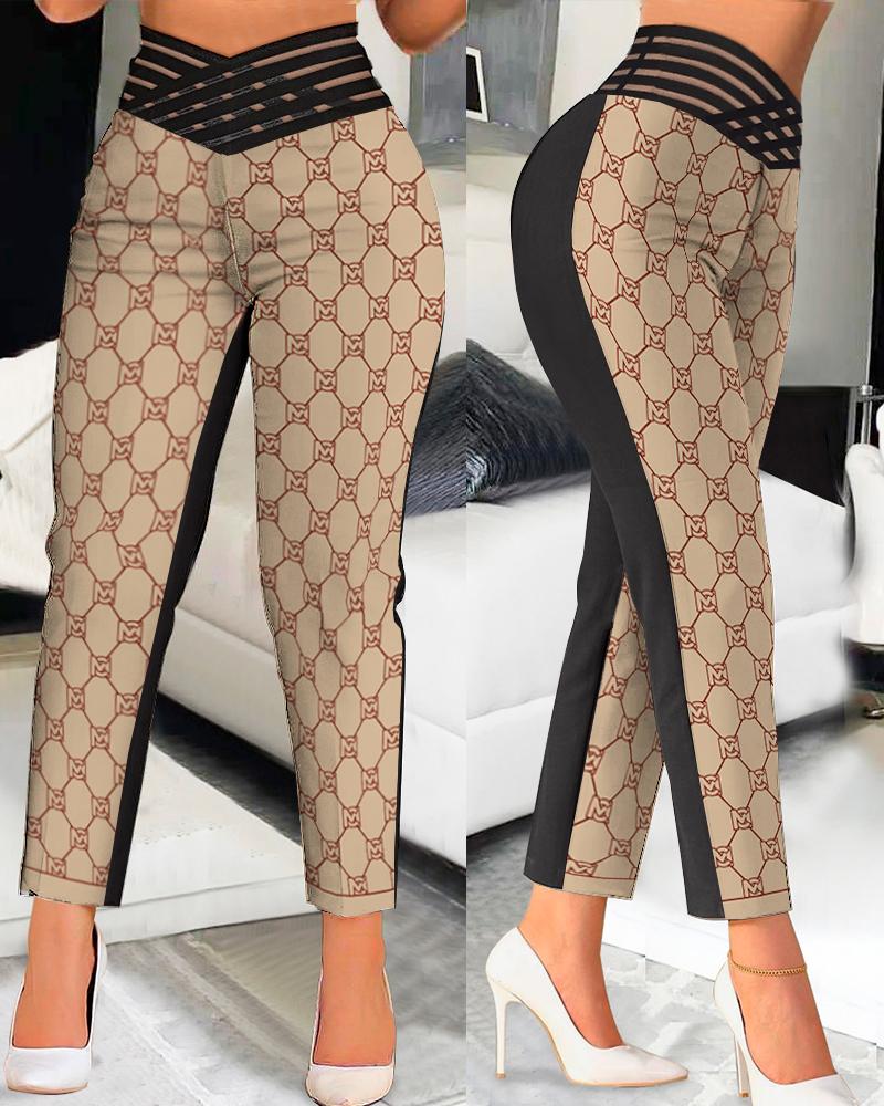 

Overlap Waist Letter Geometric Print Colorblock Pants, Khaki