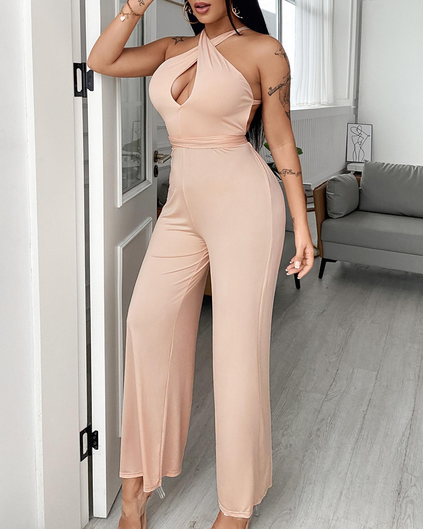 

Halter Crisscross Backless Cutout Wide Leg Jumpsuit, Khaki