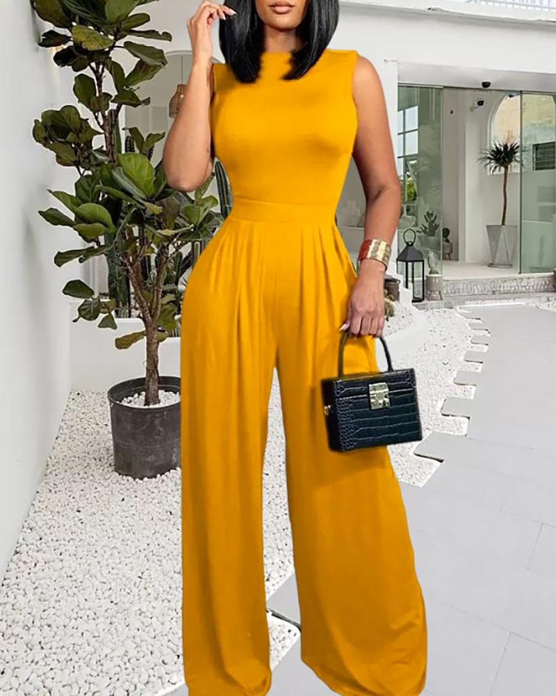 

O-Neck Sleeveless Wide Leg Jumpsuit, Yellow