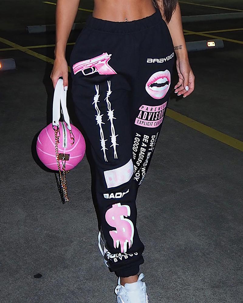 

Lip Letter Graphic Print Casual Harem Pants, Black