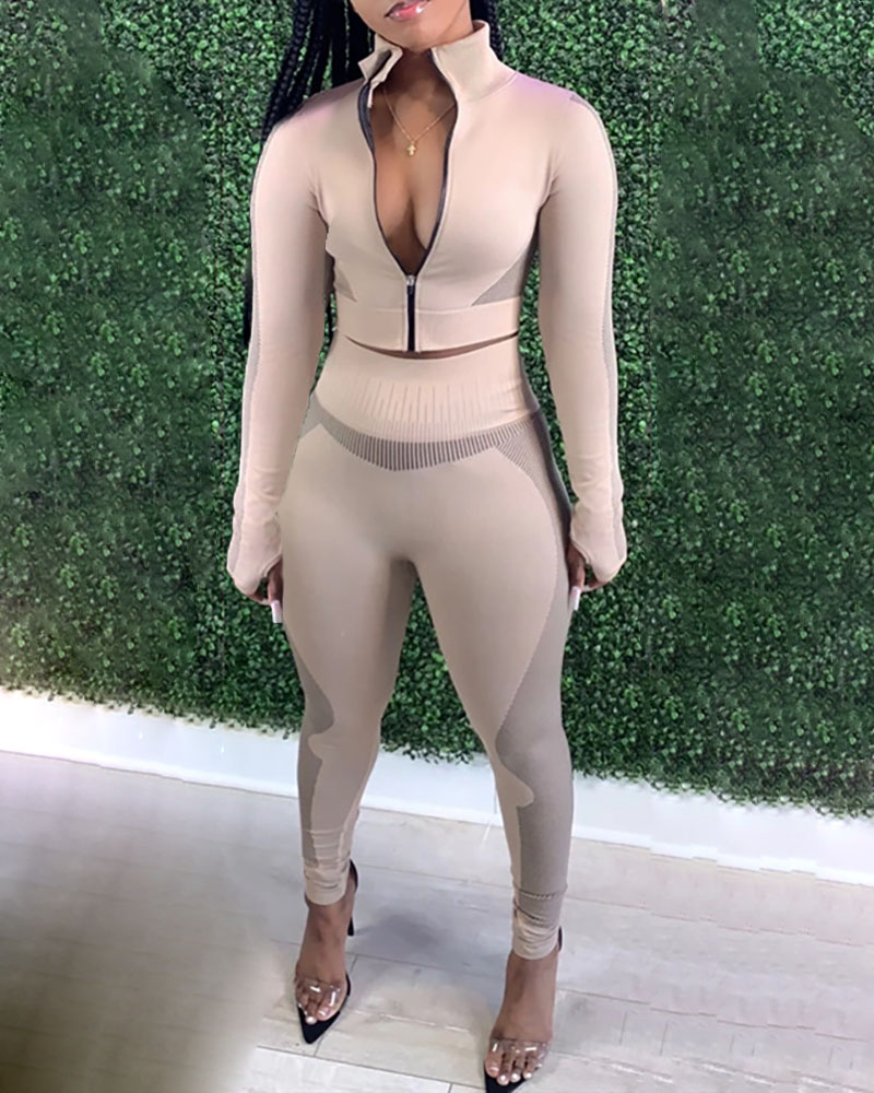 

Zipper Design Long Sleeve Sporty Top & Pants Set, Apricot