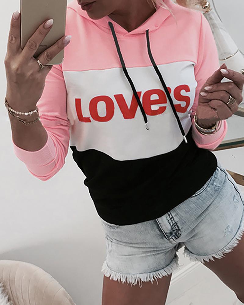 

Hooded Colorblock Letter Print Drawstring Sweatshirt, Pink
