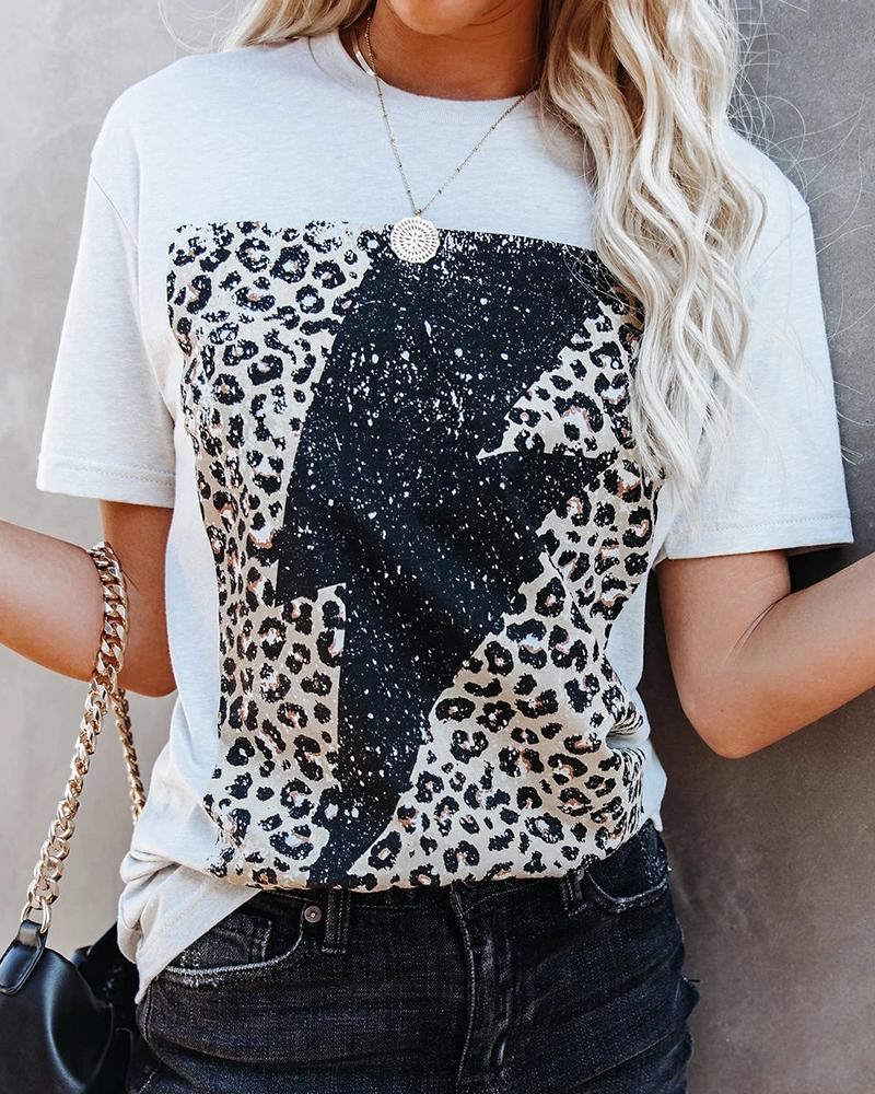 

Flash & Leopard Print Short Sleeve Loose T-shirts, White