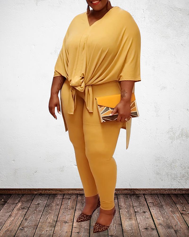 

Plus Size Plain Side Slit Top & High Waist Pants Set, Yellow