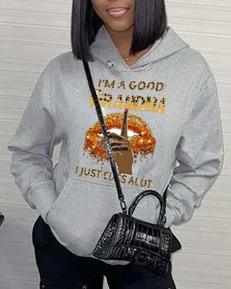 

Plus Size Slogan Print Long Sleeve Hoodie, Gray