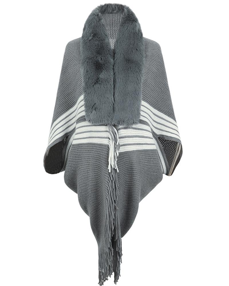 

Striped Fringe Hem Poncho Cardigan, Gray