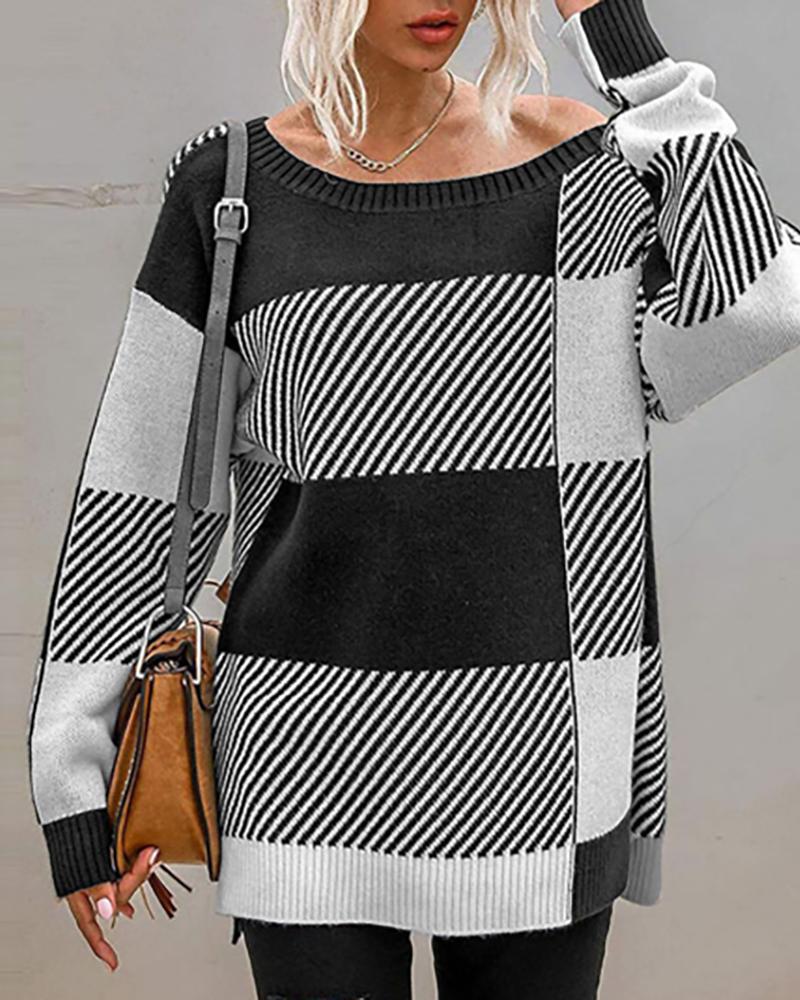 

Plaid Long Sleeve Knit Sweater, Black