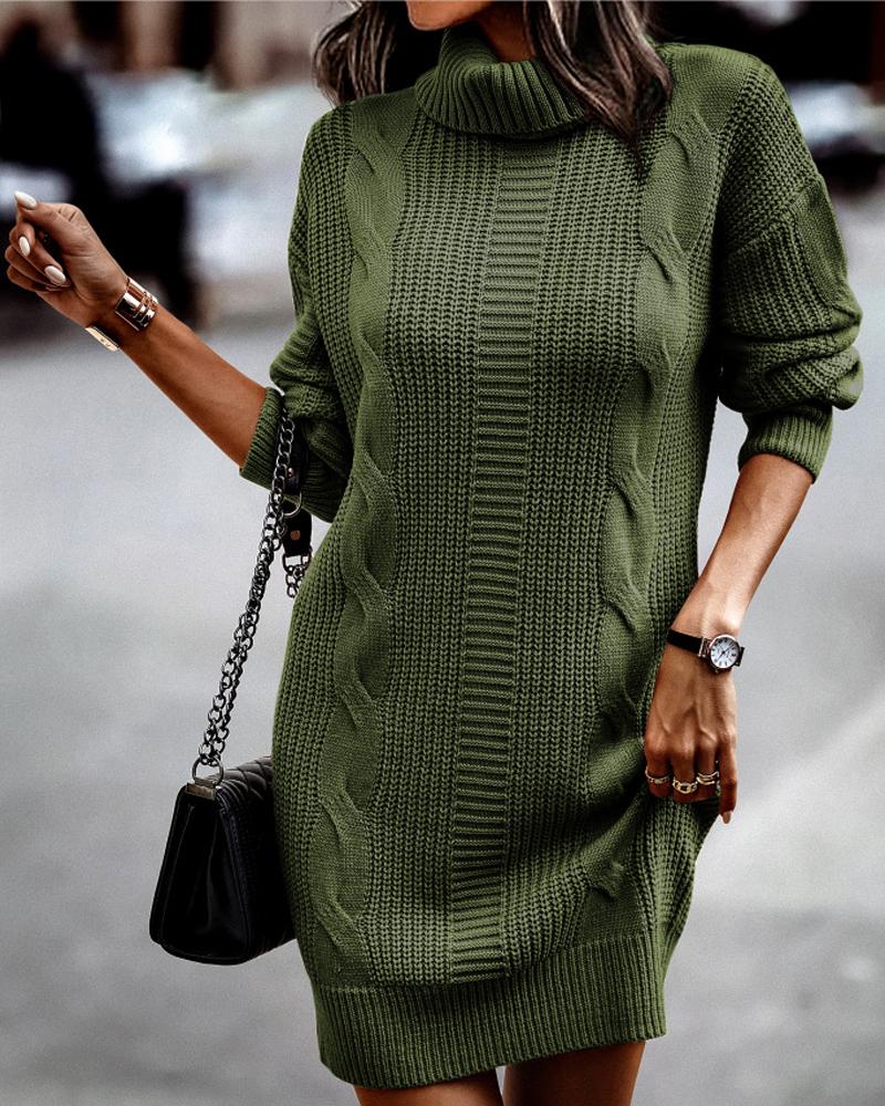 

Long Sleeve Turtleneck Cable Knit Sweater Dress, Green