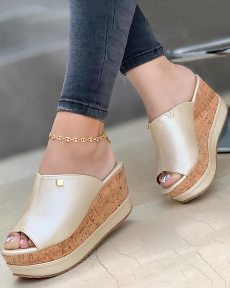 

Contrast Paneled Peep Toe Wedge Shoes, Gold