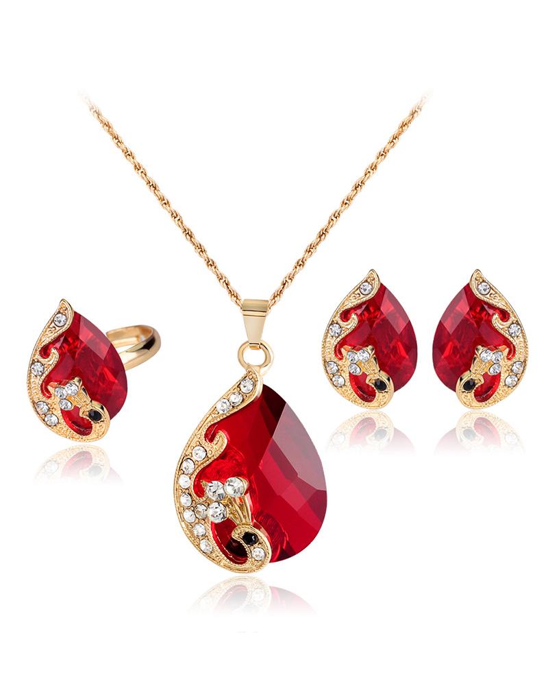 

3pcs Gem Stone Rhinestone Pendant Necklace & Earrings & Ring Jewelry Set, Red