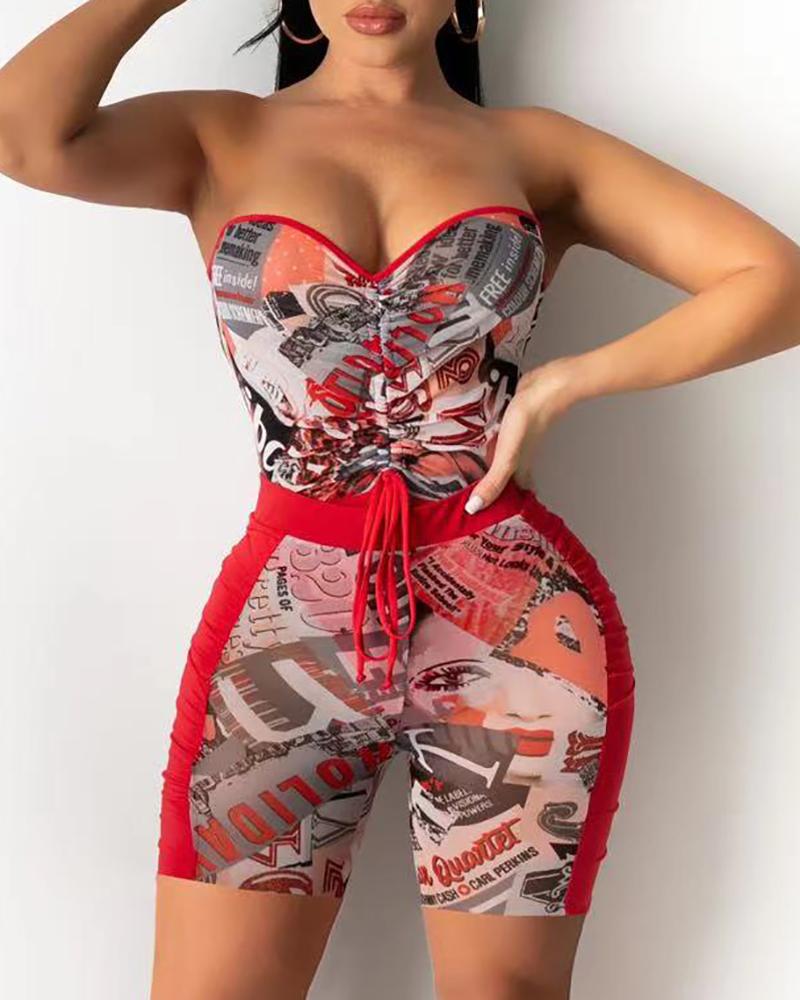 

Graphic Print Colorblock Bandeau Top & Drawstring Shorts Set, Red