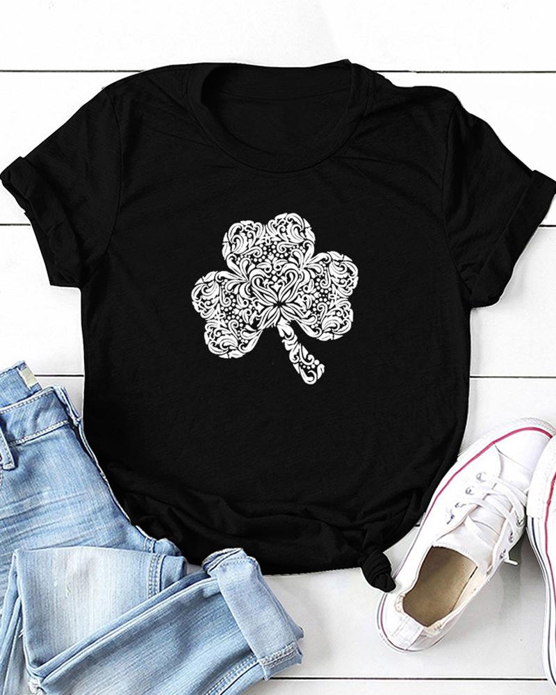 

St.Patrick' Day Clover Print Short Sleeve T-Shirt, Black