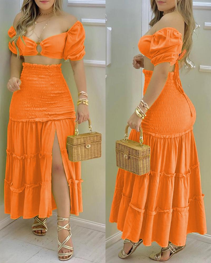 

O-Ring Crop Top & Frill Hem Shirred Slit Maxi Skirt Set, Orange