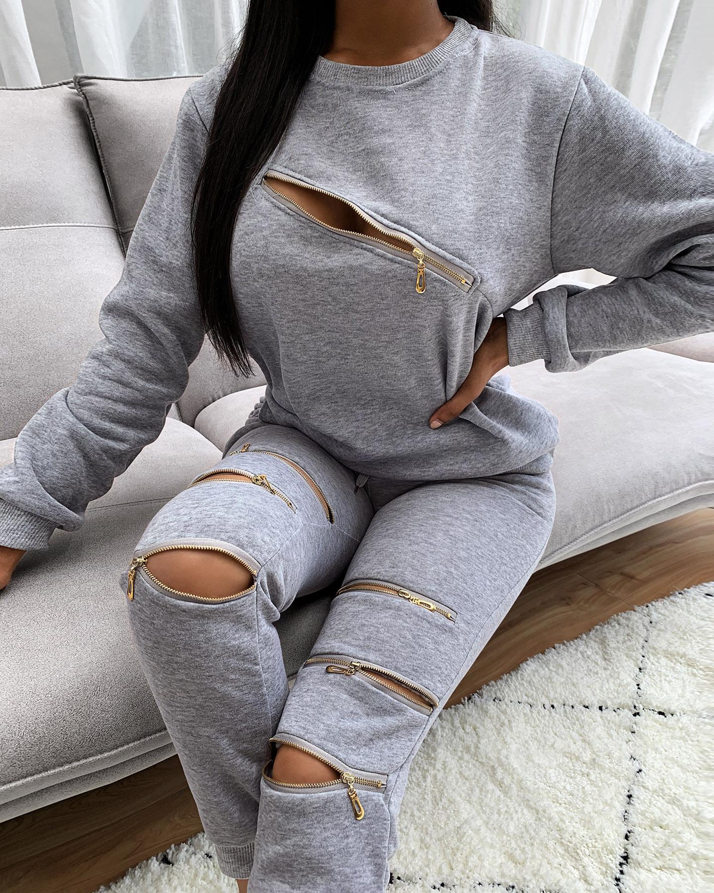 

Zipper Design Long Sleeve Top & Pocket Design Pants Set, Gray