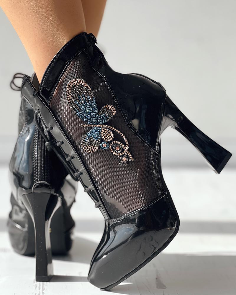 

Rhinestone Butterfly Contrast Mesh Pyramid Heel Boots, Black