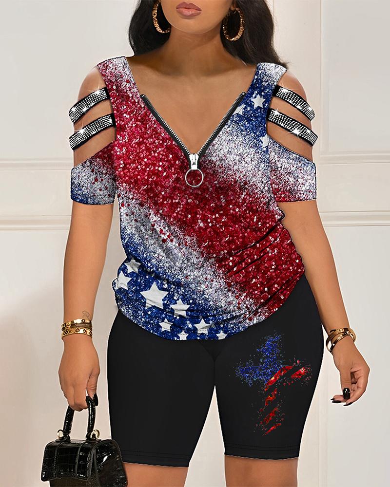 

Independence Day Flag Print Rhinestone Top & Shorts Set, Multicolor